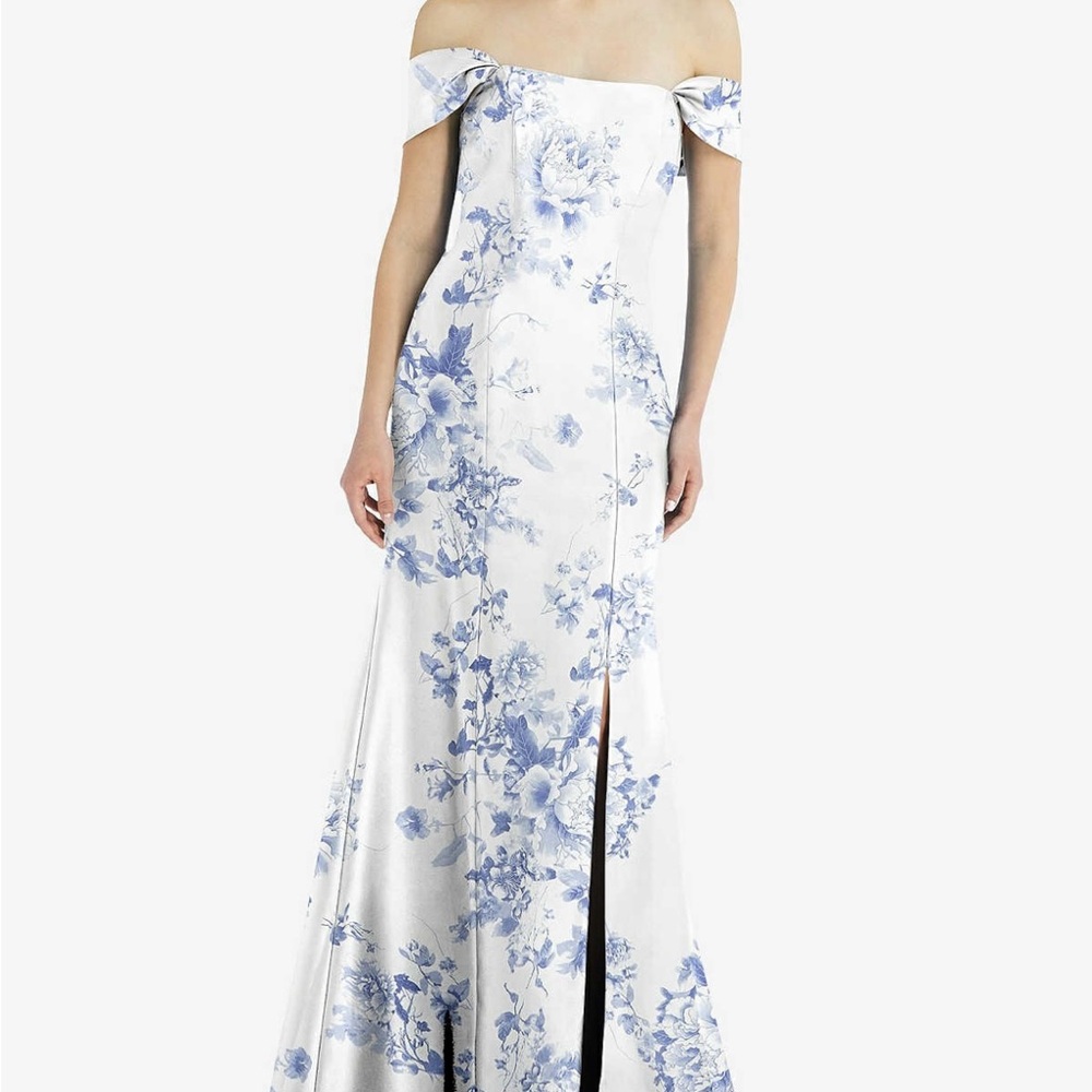 Dessy Group Off-the-Shoulder Blue Floral Bow-Back Satin Trumpet Dress (D793FP)